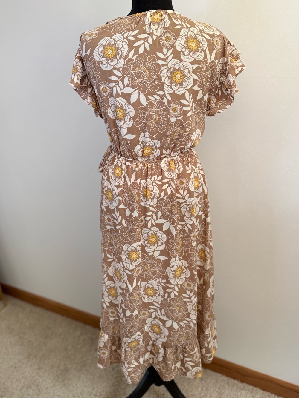 Sienna Sky Floral Wrap Dress Small Brown Cream Boho Ruffle Sleeve - Picture 5 of 8